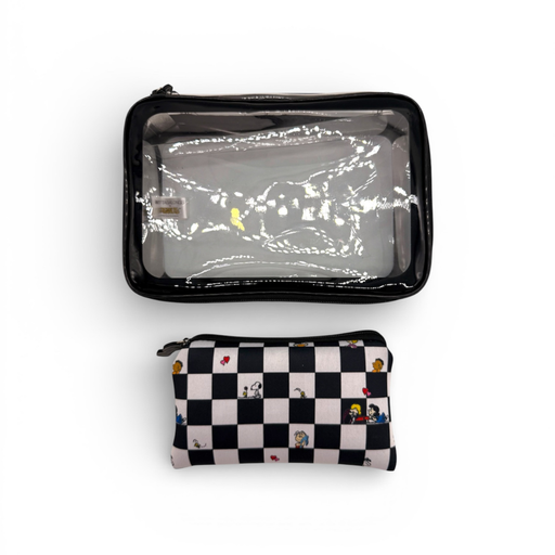 Clear travel pouch with black border and checkered pouch with cartoon character design on a white background