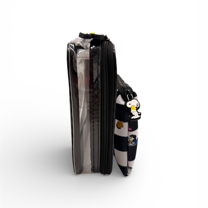 Black and white striped pouch with cartoon character on a white background