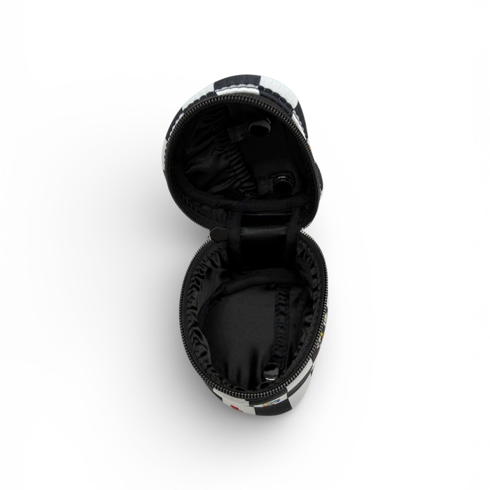 Black and white patterned case with a zipper on a white background