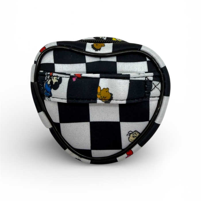 Heart-shaped pouch with black and white checkered pattern and cartoon characters on a white background