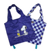 Two blue tote bags, one with a cartoon character and the other with a checkered pattern, on a white background.