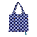 Blue and white checkered tote bag with small illustrations on a white background