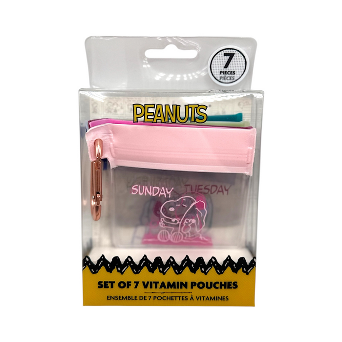 Packaging of 7 vitamin pouches with a pink zipper, featuring 'Peanuts' branding.