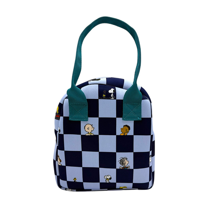 Checkered bag with cartoon characters on a white background
