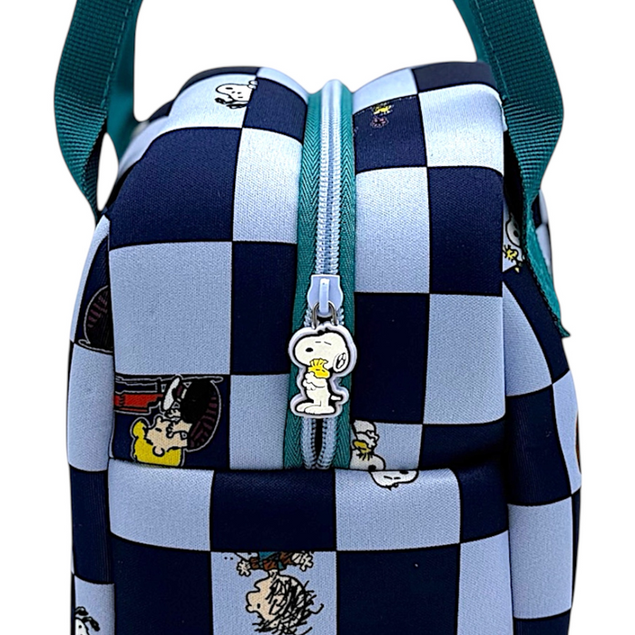 Checkered lunchpack with cartoon character design on a white background