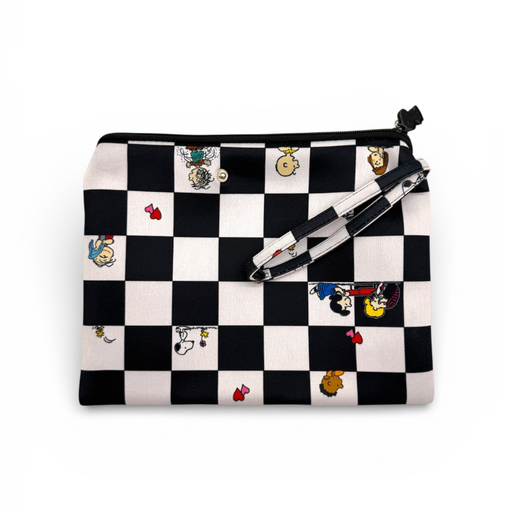 Checkered pouch with cartoon character designs on a white background