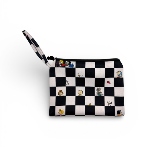 Checkered pouch with cartoon character illustrations on a white background