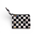 Checkered pouch with cartoon character illustrations on a white background