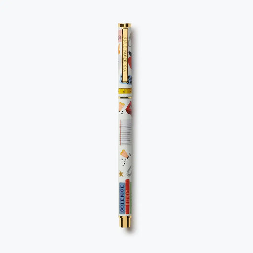 A slim novelty pen with a white barrel decorated with colorful space-themed illustrations, gold metal accents at the top and bottom, and the words 'SCIENCE' and 'MATH' printed on the body.