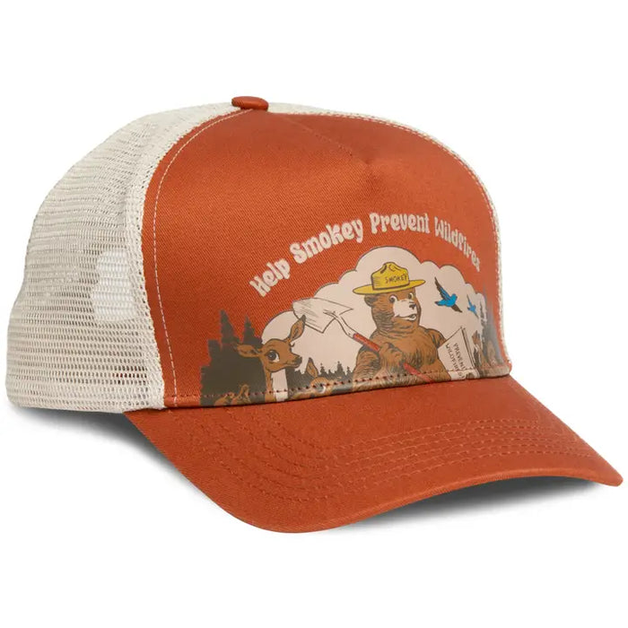Orange and beige cap with Smokey Bear design on a white background