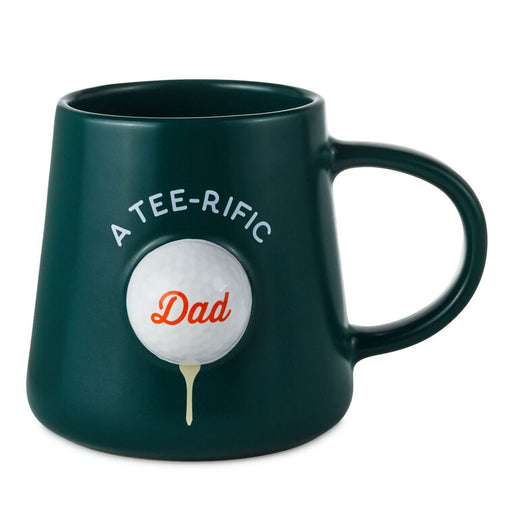 Green mug with golf ball design and 'A TEE-RIFIC Dad' text on a white background
