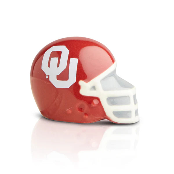 Red football helmet with white 'OU' logo on a white background