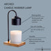 Arched candle warmer lamp with features labeled on a gray background