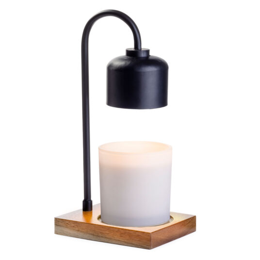 Table lamp with black adjustable arm and wooden base on a white background