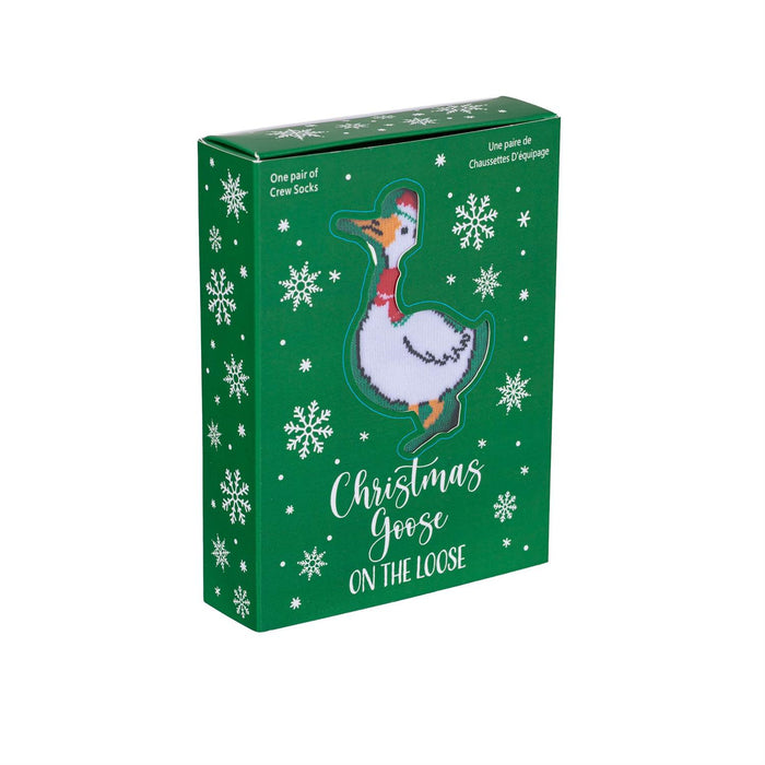 A green Christmas-themed sock box featuring an illustration of a goose wearing a red scarf and hat, surrounded by white snowflakes, with the text 'Christmas Goose ON THE LOOSE' on a plain white background.