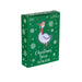 A green Christmas-themed sock box featuring an illustration of a goose wearing a red scarf and hat, surrounded by white snowflakes, with the text 'Christmas Goose ON THE LOOSE' on a plain white background.