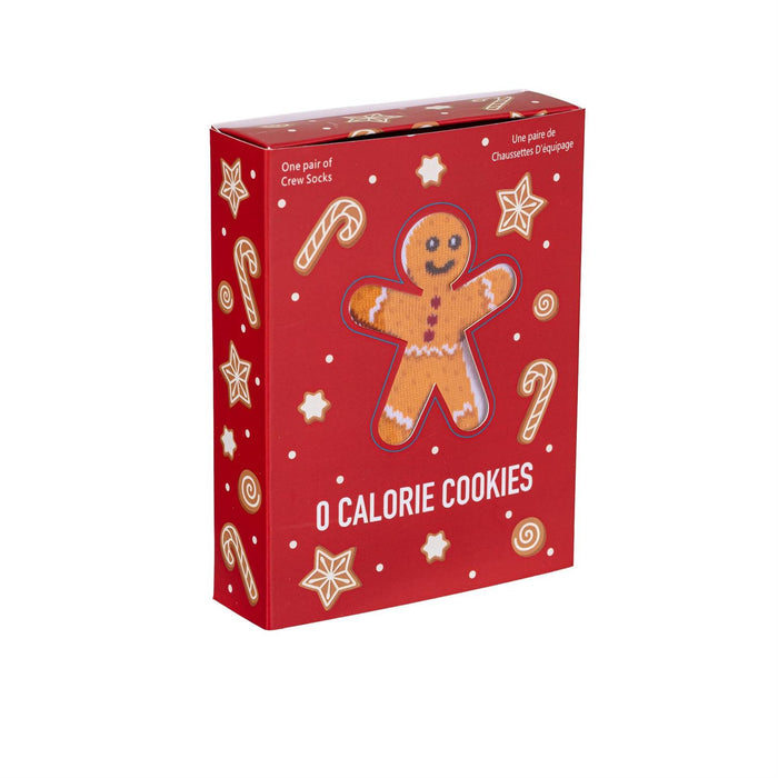 A red rectangular gift box for crew socks, featuring a gingerbread man illustration and the text '0 CALORIE COOKIES' on a plain white background.