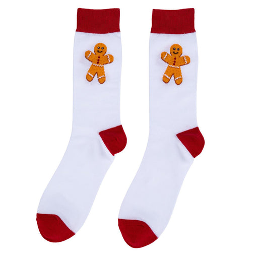 A pair of white crew socks with red cuffs, heels, and toes, featuring a gingerbread man graphic on the upper calf.