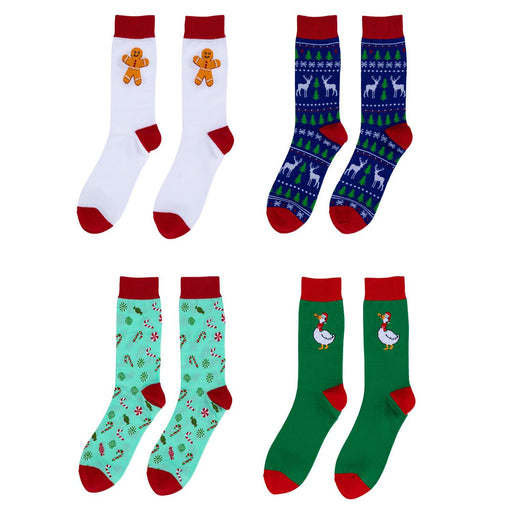 Six pairs of Christmas-themed crew socks arranged in a 2x3 grid on a plain white background. The top-left pair is white with gingerbread man motifs and red cuffs/soles.