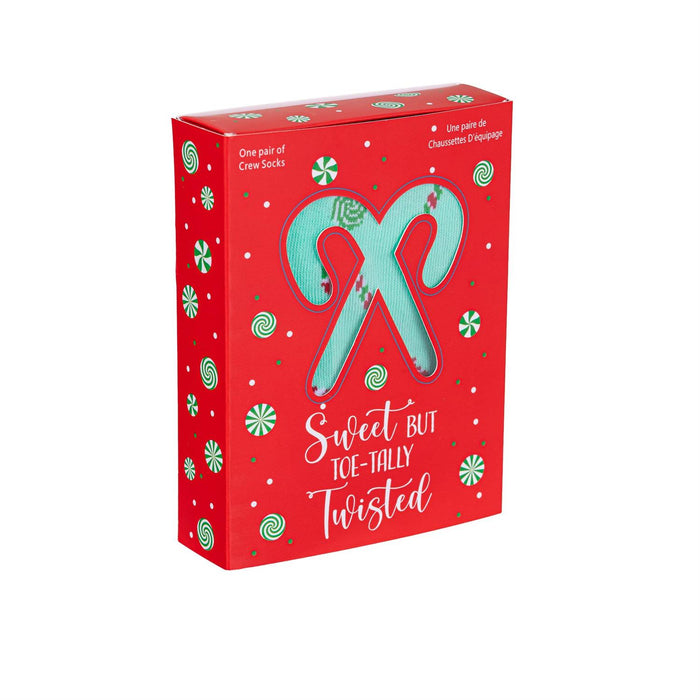 A red rectangular box for a holiday-themed crew sock set, featuring a large turquoise candy cane graphic and the phrase 'Sweet BUT ICE-TALLY Twisted' on the front, with green candy cane and swirl patterns around the edges. The box is photographed on a plain white background.