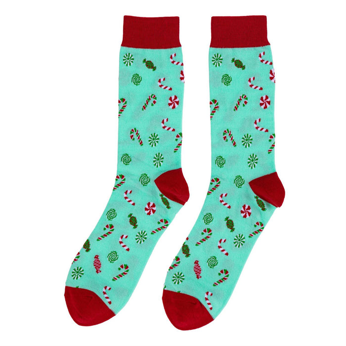 A pair of knee-high socks with a festive holiday candy cane print on a light aqua background, featuring solid red cuffs, heels, and toes, displayed against a plain white background.
