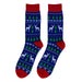 A pair of festive crew socks with a classic Christmas fair isle pattern. The socks feature a navy blue base with white reindeer, green Christmas trees, and white snowflakes, accented with solid red heels, toes, and cuffs.