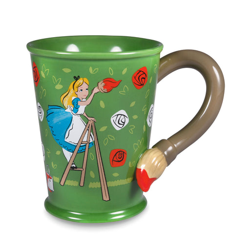 Green mug with Alice in Wonderland design featuring a character holding a red rose.