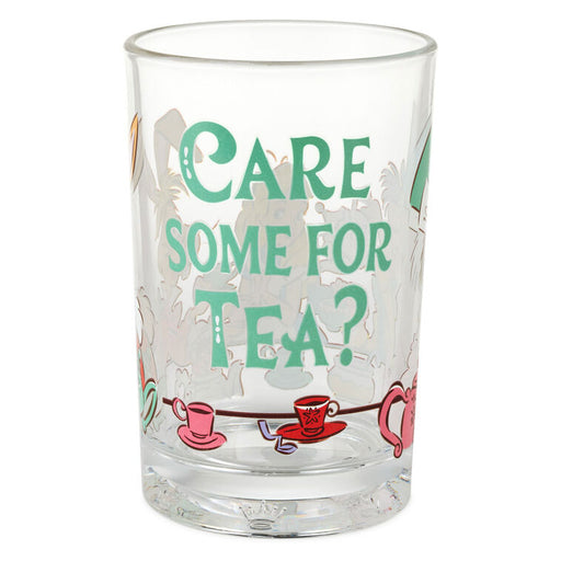 Clear glass with 'Care some for tea?' text and tea cup illustrations on a white background