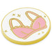 Pink bra design on a round white token with gold border and stars.