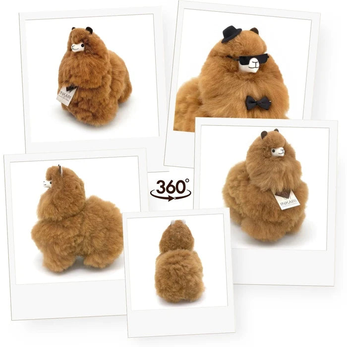 Brown plush toy with a visible brand tag on a white background