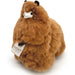 Brown plush toy with a visible brand tag on a white background
