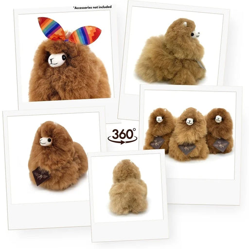 A collage showing multiple views of a fluffy brown alpaca plush toy, including front, side, back, and a 360-degree view. The plush has a white face and small black eyes.