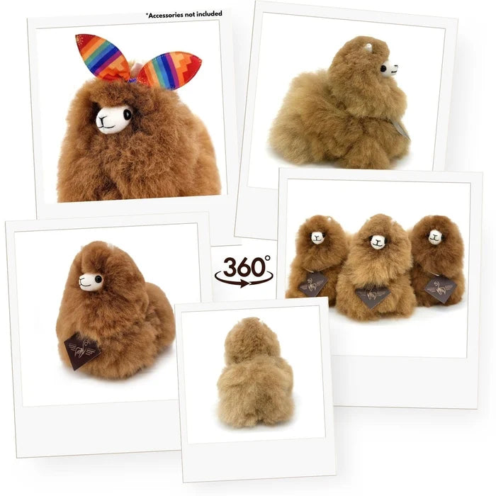 A collage showing multiple views of a fluffy brown alpaca plush toy, including front, side, back, and a 360-degree view. The plush has a white face and small black eyes.