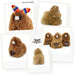 A collage showing multiple views of a fluffy brown alpaca plush toy, including front, side, back, and a 360-degree view. The plush has a white face and small black eyes.