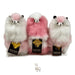 Three plush llamas with pink and white fur, each wearing an Inkari tag, on a white background.