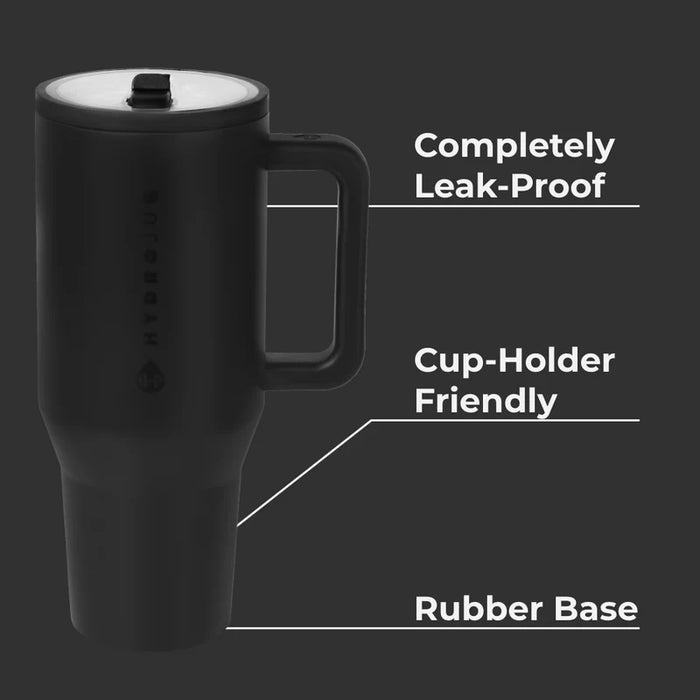 Black travel mug with features highlighted on a dark background