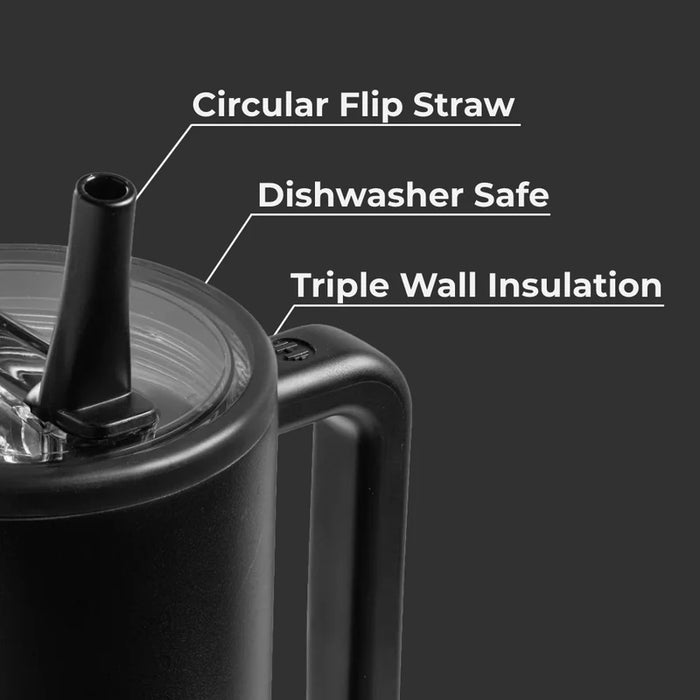 Black mug with circular flip straw, dishwasher safe, and triple wall insulation features highlighted.