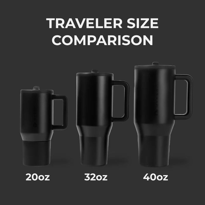 Comparison of three black travel mugs in different sizes on a dark background.