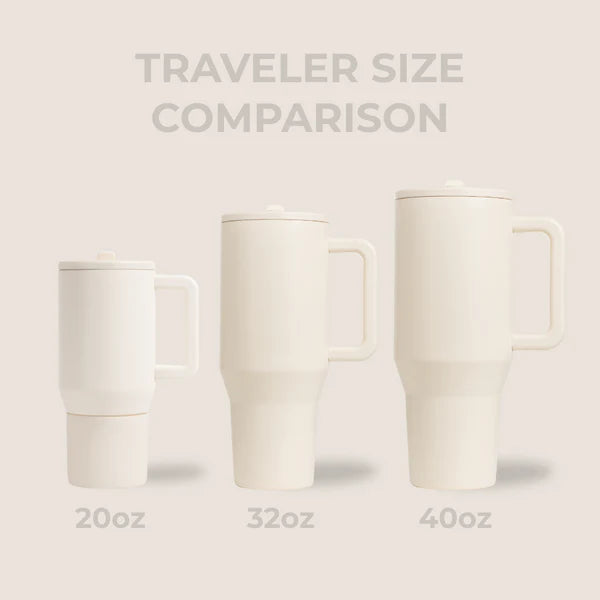 Three travel mugs of different sizes on a light gray background with text indicating their capacities.