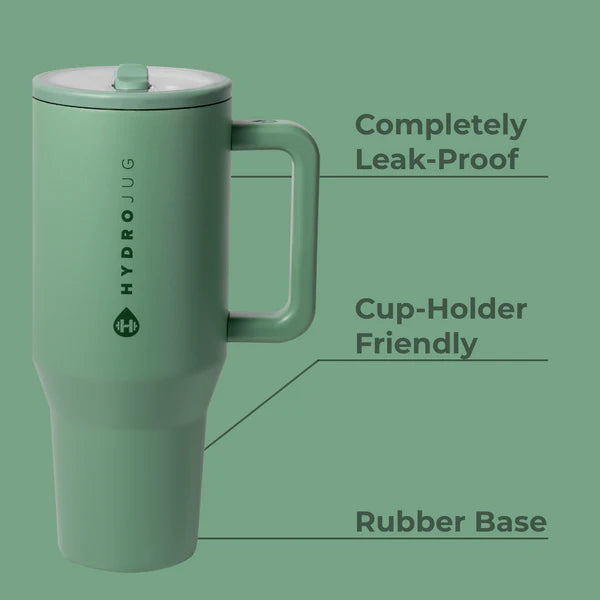 Green travel mug with 'Hydro Jug' branding on a green background, featuring text about features.