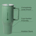 Green travel mug with 'Hydro Jug' branding on a green background, featuring text about features.