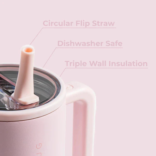 Pink insulated cup with straw feature and text on a pink background