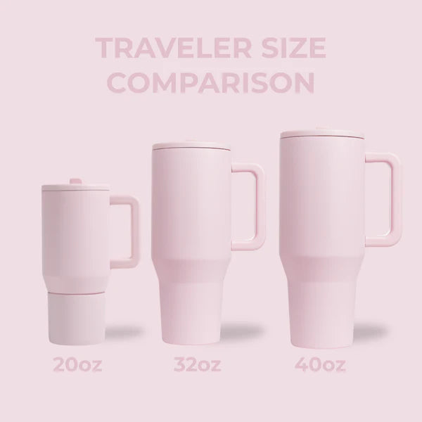 Comparison of three pink travel mugs with different capacities on a pink background.
