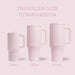Comparison of three pink travel mugs with different capacities on a pink background.