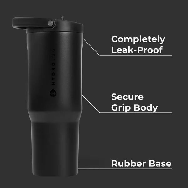 Black tumbler with features labeled on a dark background