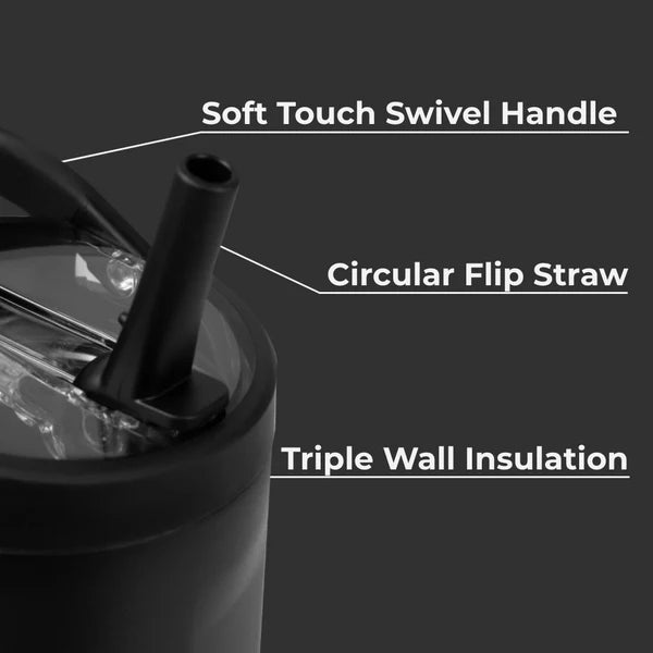 Black tumbler with soft touch swivel handle, circular flip straw, and triple wall insulation on a black background.