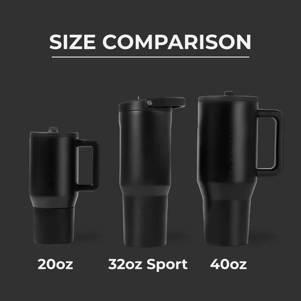Black travel mugs of different sizes on a dark background with 'Size Comparison' text.