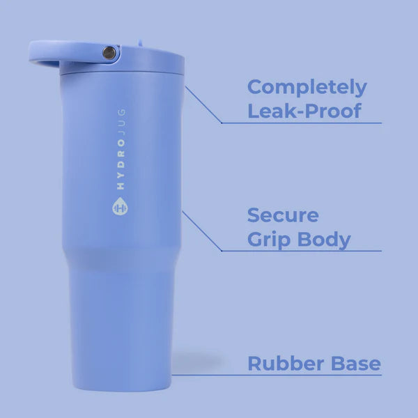 Blue tumbler with text highlighting features on a blue background