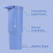 Blue tumbler with text highlighting features on a blue background