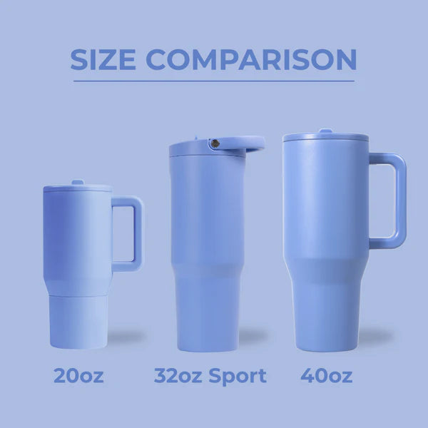 Three blue travel mugs of different sizes on a light blue background with size labels.